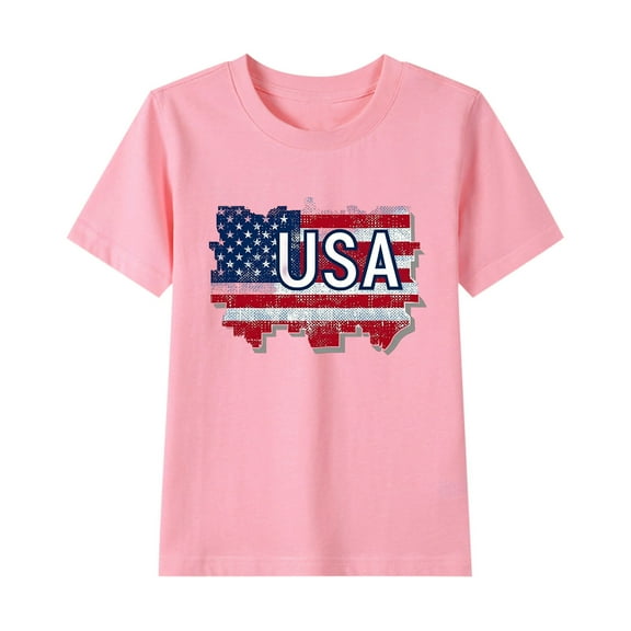GERsome American Flag Unisex Kids Short Sleeve Tshirts 4th of July Patriotic Crew Neck Pullover Tops USA Star Stripes Tshirts for Boys Girls, Sizes 7-8 Years