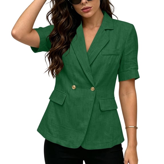 GERsome Blazers for Women Short Sleeve Lapel Open Front Business Casual Suit Jacket Work Blazer Green L