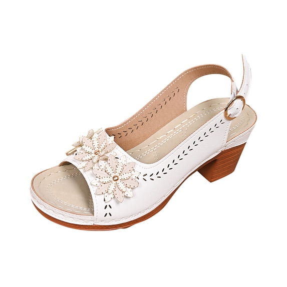 GERsome Block Heels Sandals for Women Low Platform Open Toe Slingback Slip On Summer Vacation Beach Sandals, White Size 6