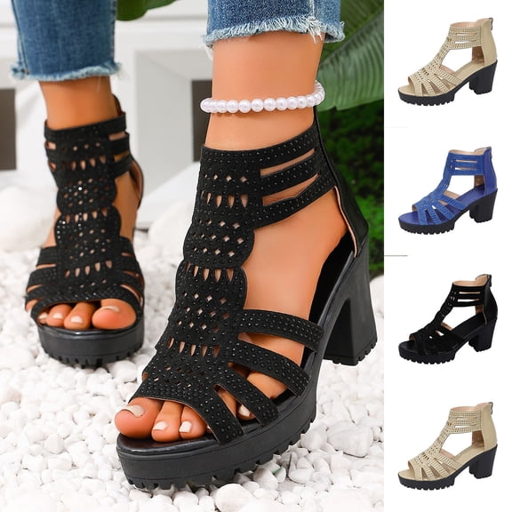 GERsome Block Heels Sandals for Women Platform Open Toe Back Zipper Strappy Chunky Dress Pumps Shoes for Party Wedding Black Size 7.5