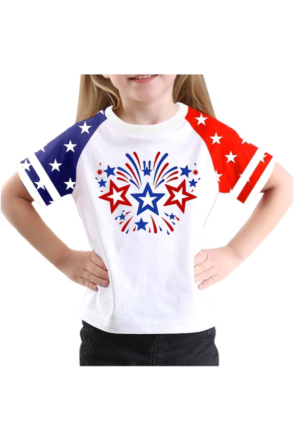 Boys American Flag T Shirts 4th of July Short Sleeve Crewneck Tee Shirts for Girls Summer Unisex Kids Patriotic T-Shirts, 5-6 Years