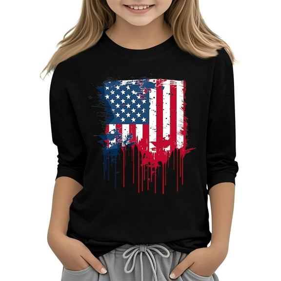 GERsome Boys Girls 3/4 Sleeve Crewneck T-Shirts 4th of July Patriotic Tops for Unisex Kids American Flag Summer Graphic Tee, 3-4 Years