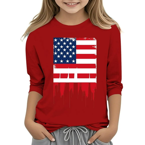 GERsome Boys Girls 3/4 Sleeve Crewneck T-Shirts 4th of July Patriotic Tops for Unisex Kids American Flag Summer Graphic Tee, 3-4 Years