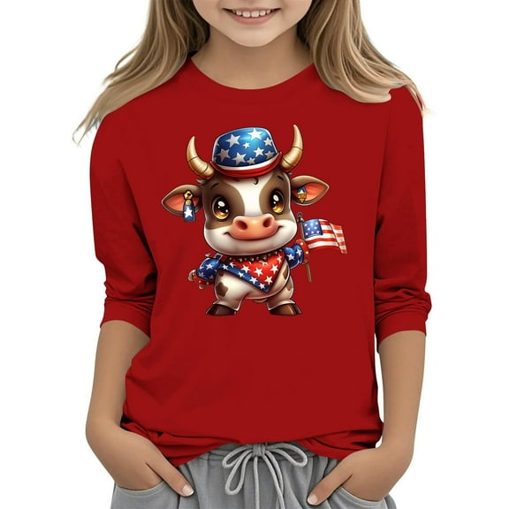GERsome Boys Girls 4th of July T-Shirts Unisex Kids Crew Neck 3/4 Sleeve Tops American Flag Graphic Patriotic Tshirts Loose Fit Summer Tee, 5-6 Years