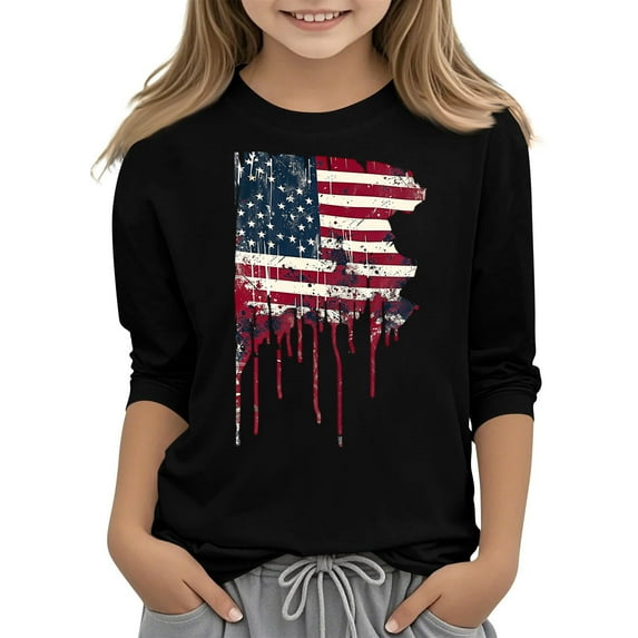 GERsome Boys Girls American Flag T-Shirts 4th of July 3/4 Sleeve Crew Neck Patriotic Tops Unisex Kids Summer Graphic Tee, 9-10 Years