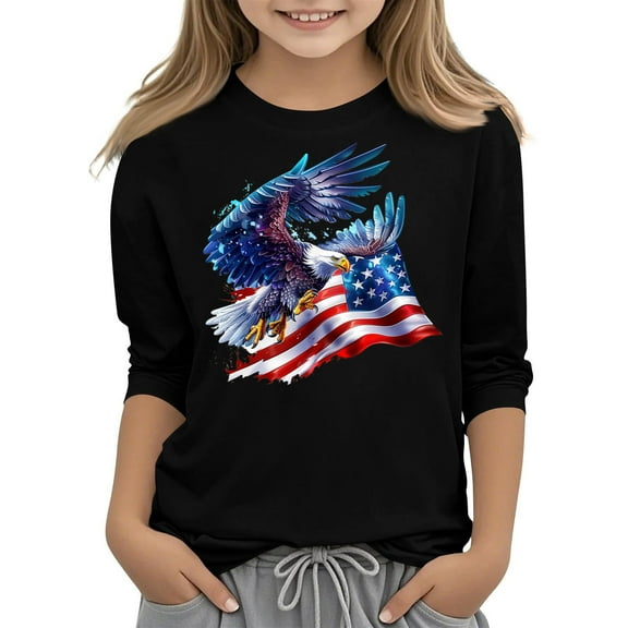 GERsome Boys Girls American Flag T-Shirts 4th of July Patriotic Tops Summer Casual 3/4 Sleeve Crewneck Graphic Tee, 7-8 Years