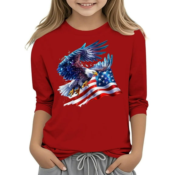 GERsome Boys Girls American Flag T Shirts 4th of July Patriotic Tops for Kids Summer Crew Neck 3/4 Sleeve Graphic Tee, 3-4 Years