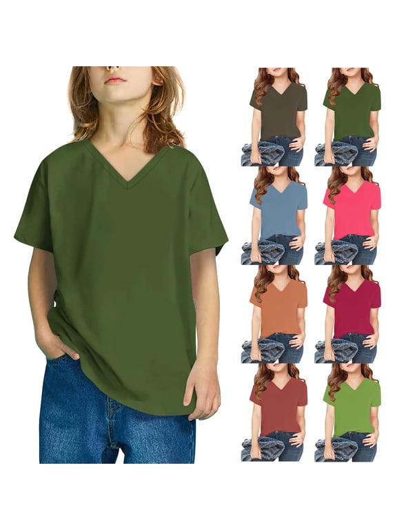 Boys Girls V Neck Short Sleeve T Shirts Solid Color Cute Tops Casual Basic Summer Kids Tees Shirts Loose Fit Tunic Tops Comfy Blouses for Kids 3-14 Years