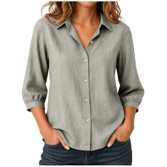 GERsome Button Down Shirts for Women 3/4 Sleeve Collared V-Neck Casual Work Blouses Tops Gray XL