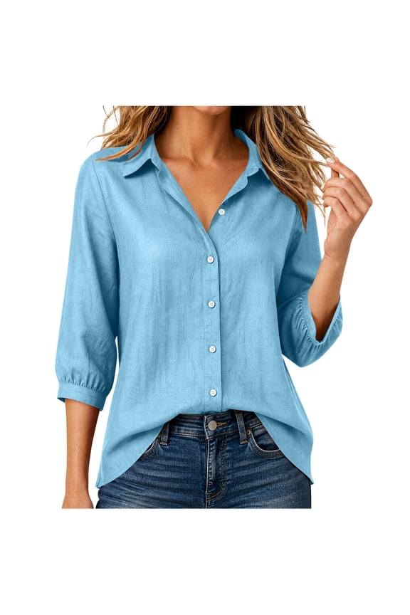 Button Down Shirts for Women 3/4 Sleeve Collared V-Neck Casual Work Blouses Tops Light Blue S