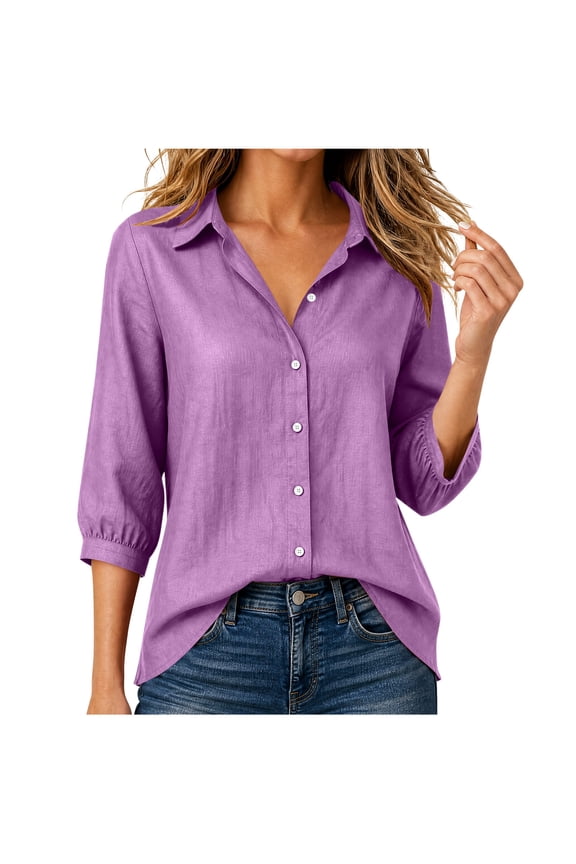 Button Down Shirts for Women 3/4 Sleeve Collared V-Neck Casual Work Blouses Tops Purple S