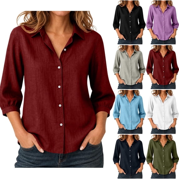 GERsome Button Down Shirts for Women 3/4 Sleeve Collared V-Neck Casual Work Blouses Tops Wine L