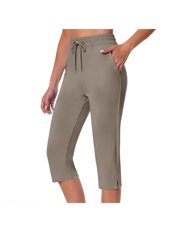 Capris Yoga Pants for Women Drawstring High Waist Golf Travel Athletic Work Cropped with Pockets,Beige,Size L