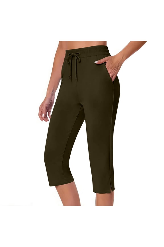 Capris Yoga Pants for Women Drawstring High Waist Golf Travel Athletic Work Cropped with Pockets,Green,Size M
