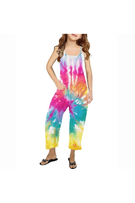 Casual Sleeveless Jumpsuits for Girls Spaghetti Strap Loose Romper Long Pants with Pockets 5-14 Years(Size 5-6 Years/08#Rainbow)