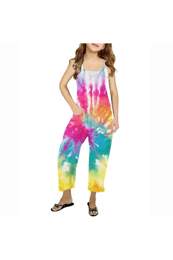 Casual Sleeveless Jumpsuits for Girls Spaghetti Strap Loose Romper Long Pants with Pockets 5-14 Years(Size 9-10 Years/08#Rainbow)
