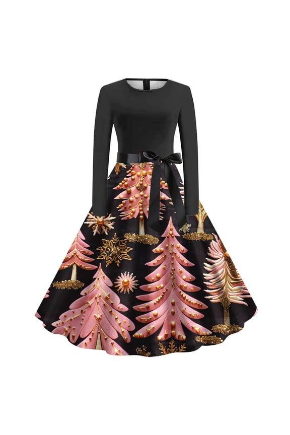 Christmas Dress for Women Vintage Fit and Flare Long Sleeve Dresses Retro Cocktail Party Dress with Belt