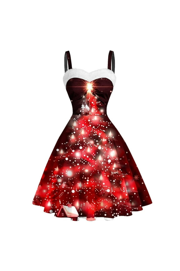 Christmas Dresses for Women Vintage Sleeveless Cocktail Dress Christmas Tree Santa Snow Printed Xmas Party Swing Dress S-XXXL