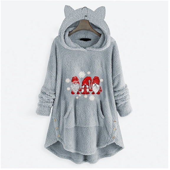 GERsome Christmas Santa Claus Print Cat Ears Hoodie for Women girl,Winter Warm Plush Sweatshirt Sweater Jacket coat Long Sleeve Hoodies