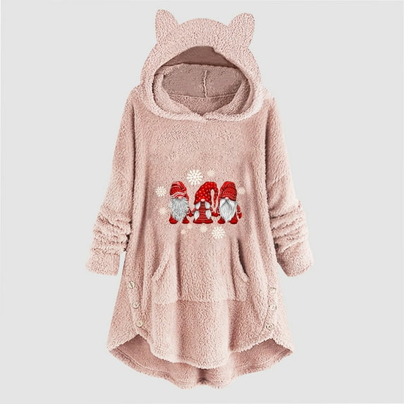 GERsome Christmas Santa Claus Print Cat Ears Hoodie for Women girl,Winter Warm Plush Sweatshirt Sweater Jacket coat Long Sleeve Hoodies
