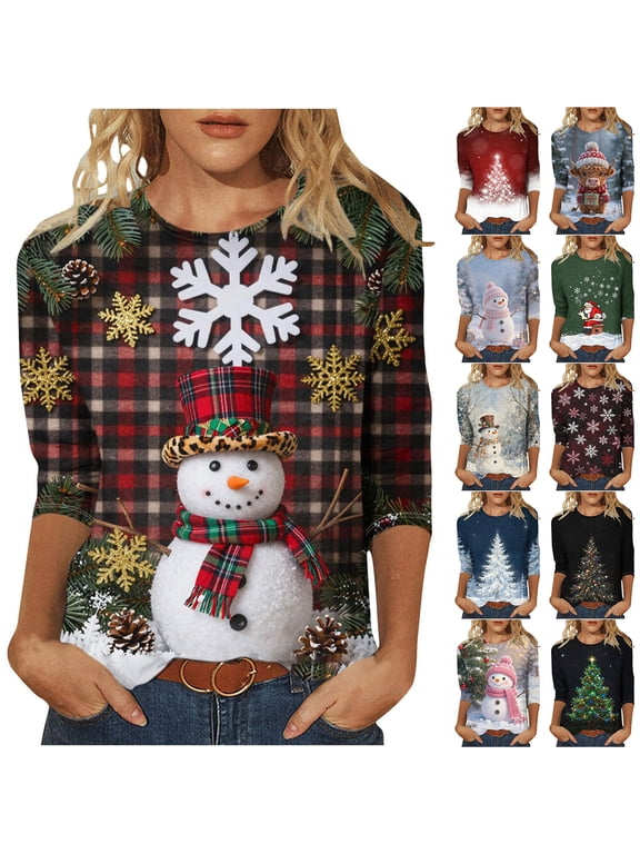Christmas Shirt for Women Cute Snowman Graphic 3/4 Sleeve Crewneck Holiday Novelty Casual Tee Size L