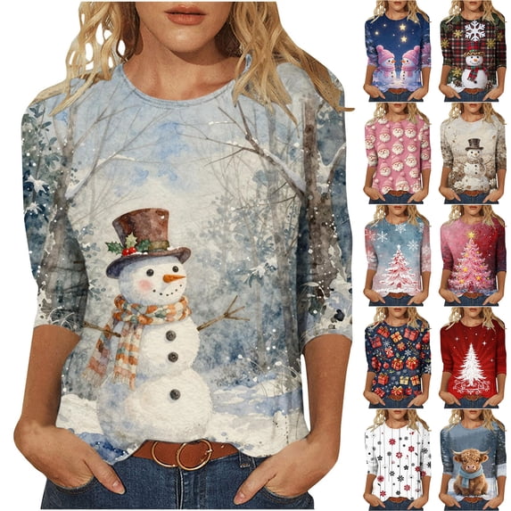 GERsome Christmas Shirt for Women Cute Snowman Graphic 3/4 Sleeve Crewneck Holiday Novelty Casual Tee Size M