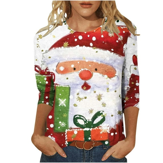 GERsome Christmas Shirts for Women Plus Size Graphic Top Merry Christmas Crew Neck 3/4 Sleeve Holiday Tshirt Size XL