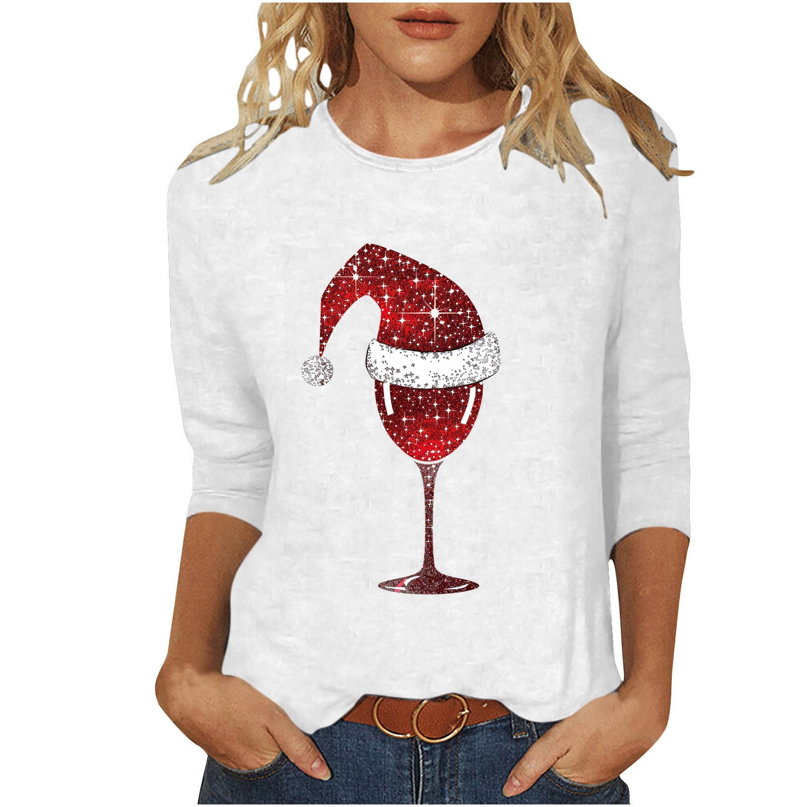 OMZIN Women's Christmas Oversized Sweatshirt - Santa Hat Wine Glass Print Tunic Pullover