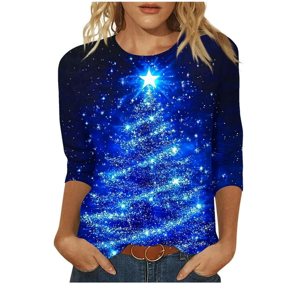 GERsome Christmas Shirts for Women Xmas Tree Graphic Tee 3/4 Length Sleeve Tshirts Crew Neck Loose Fit Pullover Tops Christmas Party Shirts Size L