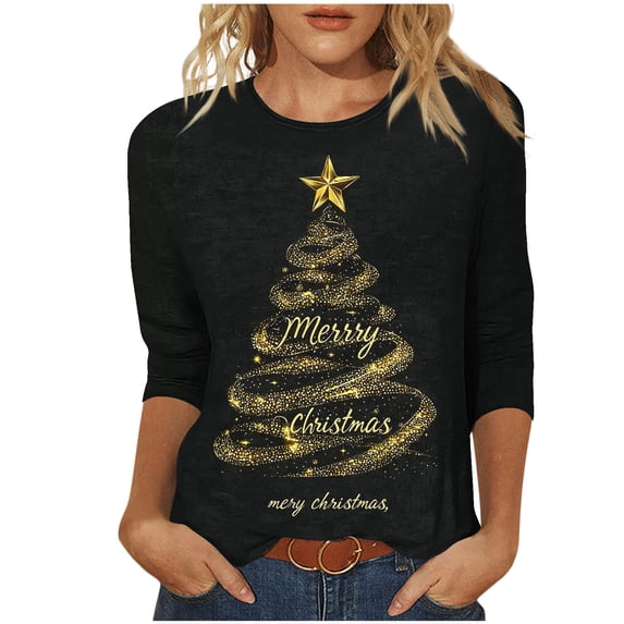 GERsome Christmas Shirts for Women Xmas Tree Graphic Tee 3/4 Length Sleeve Tshirts Crew Neck Loose Fit Pullover Tops Christmas Party Shirts Size M