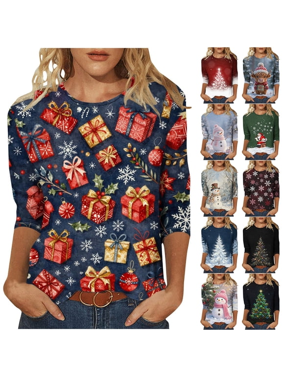 Christmas T-Shirts for Women Novelty Xmas Graphic 3/4 Sleeve Crewneck Casual Holiday Tee Tops Size 3XL