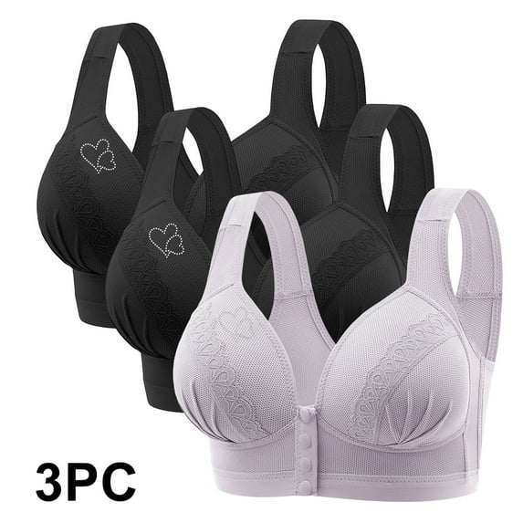 GERsome Clearance 3Pcs Assorted Color Bras for Older Women Comfortable Convenient Front Closure Button Bras for Older Comfort Wireless Bras for Women Plus Size Full Coverage No Underwire Bra