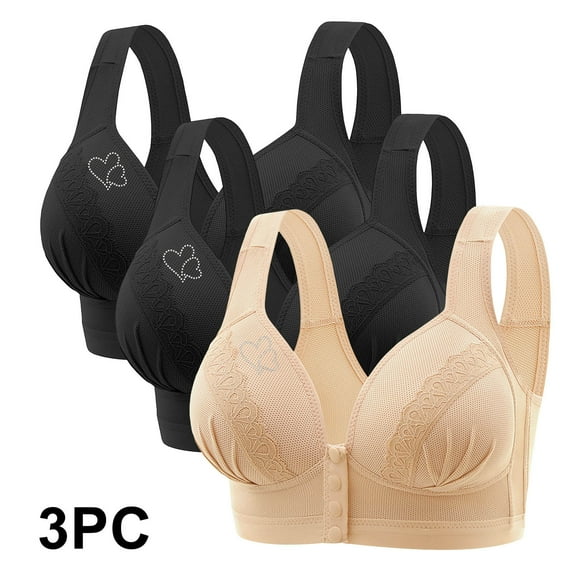 GERsome Clearance 3Pcs Assorted Color Bras for Older Women Comfortable Convenient Front Closure Button Bras for Older Comfort Wireless Bras for Women Plus Size Full Coverage No Underwire Bra