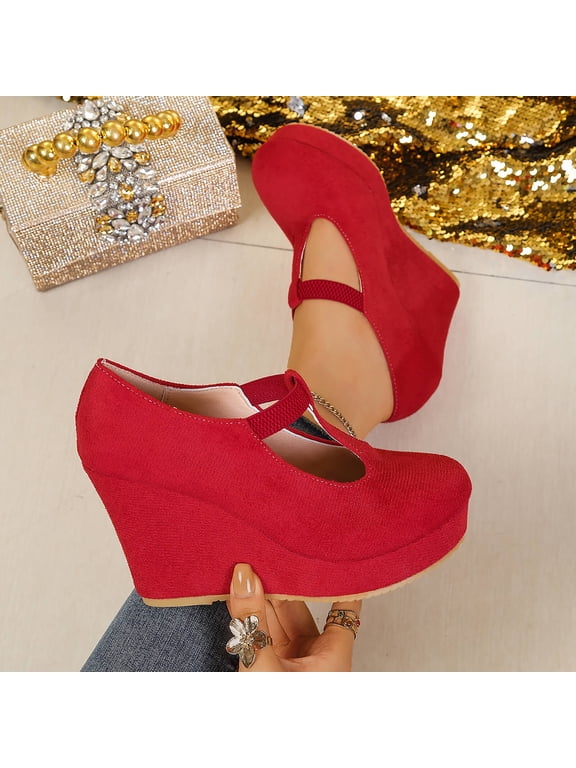 Closed Toe Wedge Heels for Women Elastic Ankle Strap Slip-On Casual Work Pumps Dress Shoes, Red Size 7.5