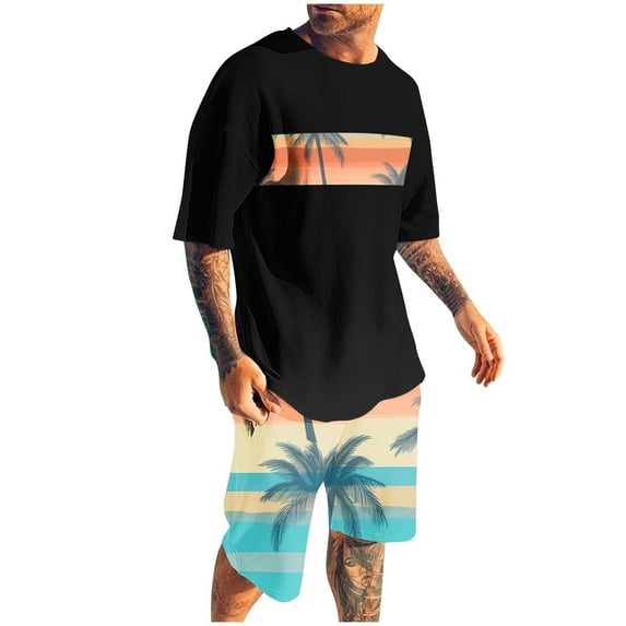 GERsome Color Block 2 Piece Outfits for Men Summer Lounge Sets Short Sleeve Crew Neck Tops and Shorts Tracksuits Sets S-4XL