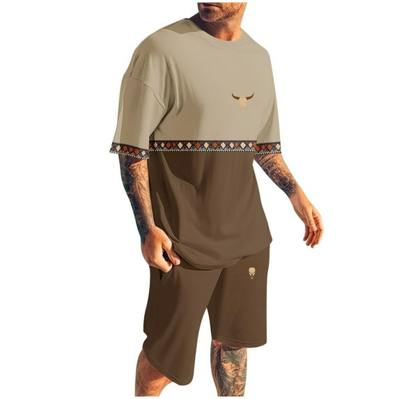 GERsome Color Block 2 Piece Outfits for Men Summer Lounge Sets Short Sleeve Crew Neck Tops and Shorts Tracksuits Sets S-4XL