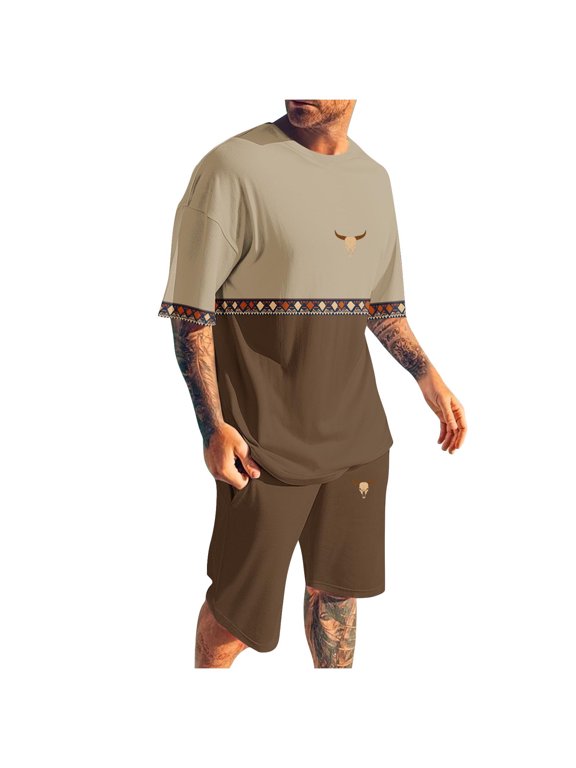 Color Block 2 Piece Outfits for Men Summer Lounge Sets Short Sleeve Crew Neck Tops and Shorts Tracksuits Sets S-4XL