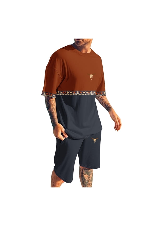Color Block 2 Piece Outfits for Men Summer Lounge Sets Short Sleeve Crew Neck Tops and Shorts Tracksuits Sets S-4XL