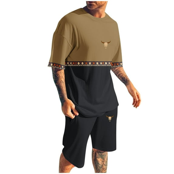 GERsome Color Block 2 Piece Outfits for Men Summer Lounge Sets Short Sleeve Crew Neck Tops and Shorts Tracksuits Sets S-4XL
