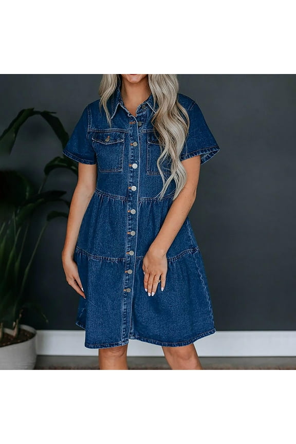 Denim Dress for Women Babydoll Tiered Short Sleeve Button Down Jean Shirt Dresses