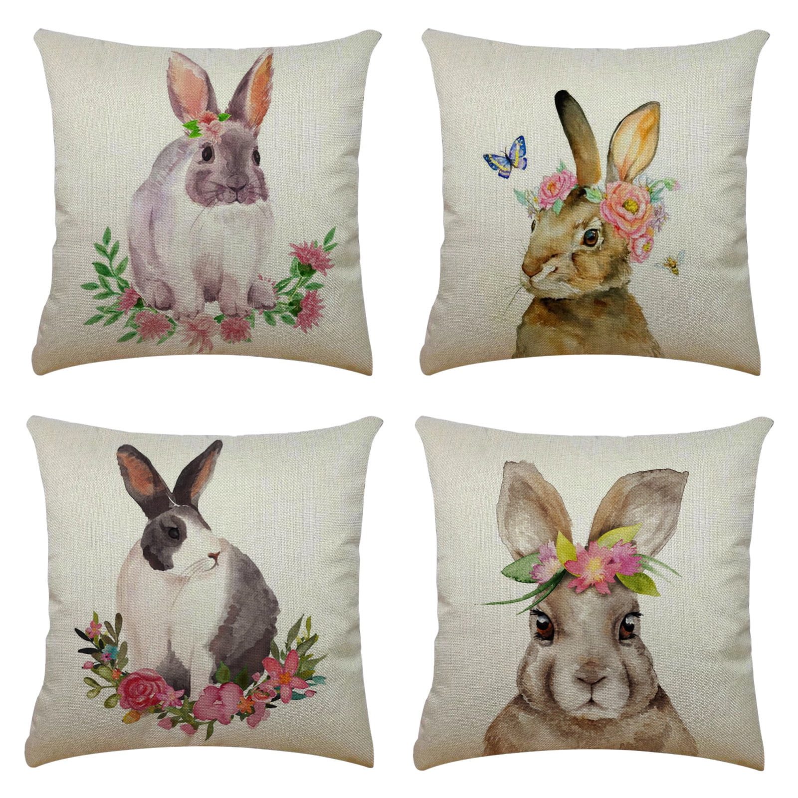 GERsome Easter Pillow Covers 18x18 Inch Set of 4 Floral Rabbits Bunny