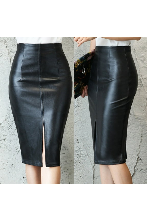Faux Leather Pencil Skirt High Waist Split Lady's Half Body Midi Hip Skirt