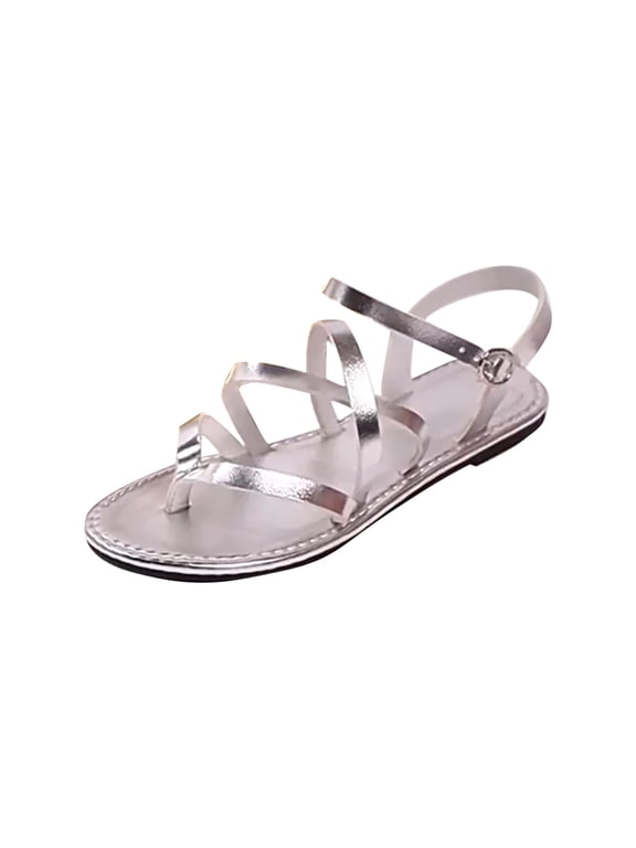 Flat Sandals for Women Strappy Flip Flops Open Toe Ankle Strap Summer Beach Thong Sandals, Silver Size 8
