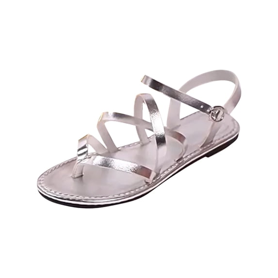 GERsome Flat Sandals for Women Strappy Flip Flops Open Toe Ankle Strap Summer Beach Thong Sandals, Silver Size 9