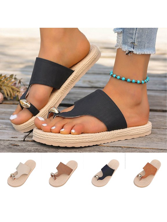 Flat Sandals for Women Toe Ring Slip-On Dressy T-Strap Flip-Flops Summer Beach Thong Sandals, Black Size 5.5