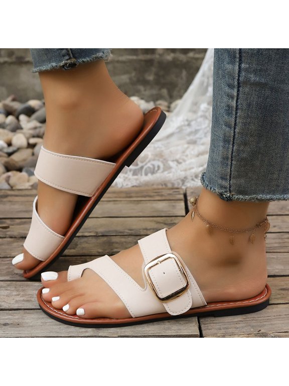 Flat Sandals for Women Toe Ring Thong Slip-On Summer Beach Sandals Comfort Walking Slides Shoes, Beige Size 9