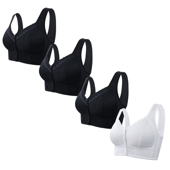 GERsome Front Button Bra for Women Convenient Sports Bras Plus Size Bra Wirefree Ultra Soft Cup 4PC#3Black+1White