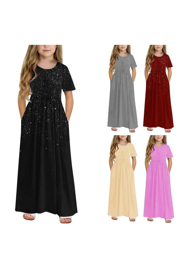 Girl's Short Sleeve Crewneck Maxi Dress Loose Casual Holiday Beach Long Dress with Pocket for 4-14 Years Kids