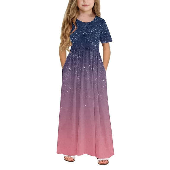 GERsome Girl's Short Sleeve Crewneck Maxi Dress Loose Casual Holiday Beach Long Dress with Pocket for 4-14 Years Kids