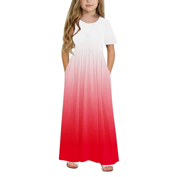 GERsome Girl's Short Sleeve Crewneck Maxi Dress Loose Casual Holiday Beach Long Dress with Pocket for 4-14 Years Kids